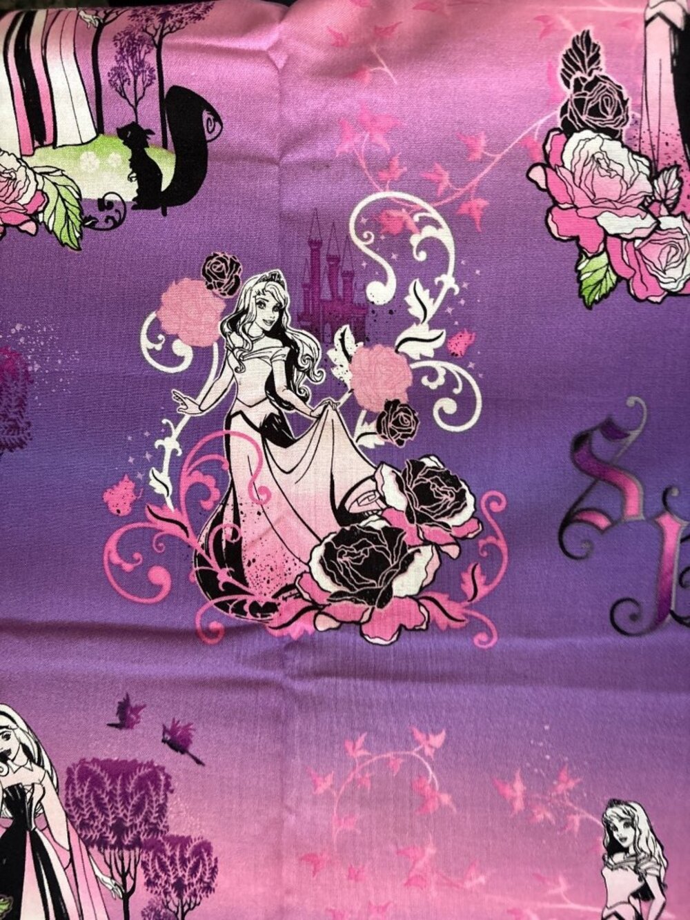 Disney Sleeping Beauty Scenic Fabric 1/2 yard x 44" Purple Pink Gradient Floral